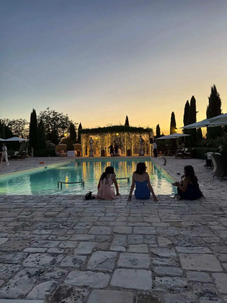The pool at Sassa al Sole at sunset during the party