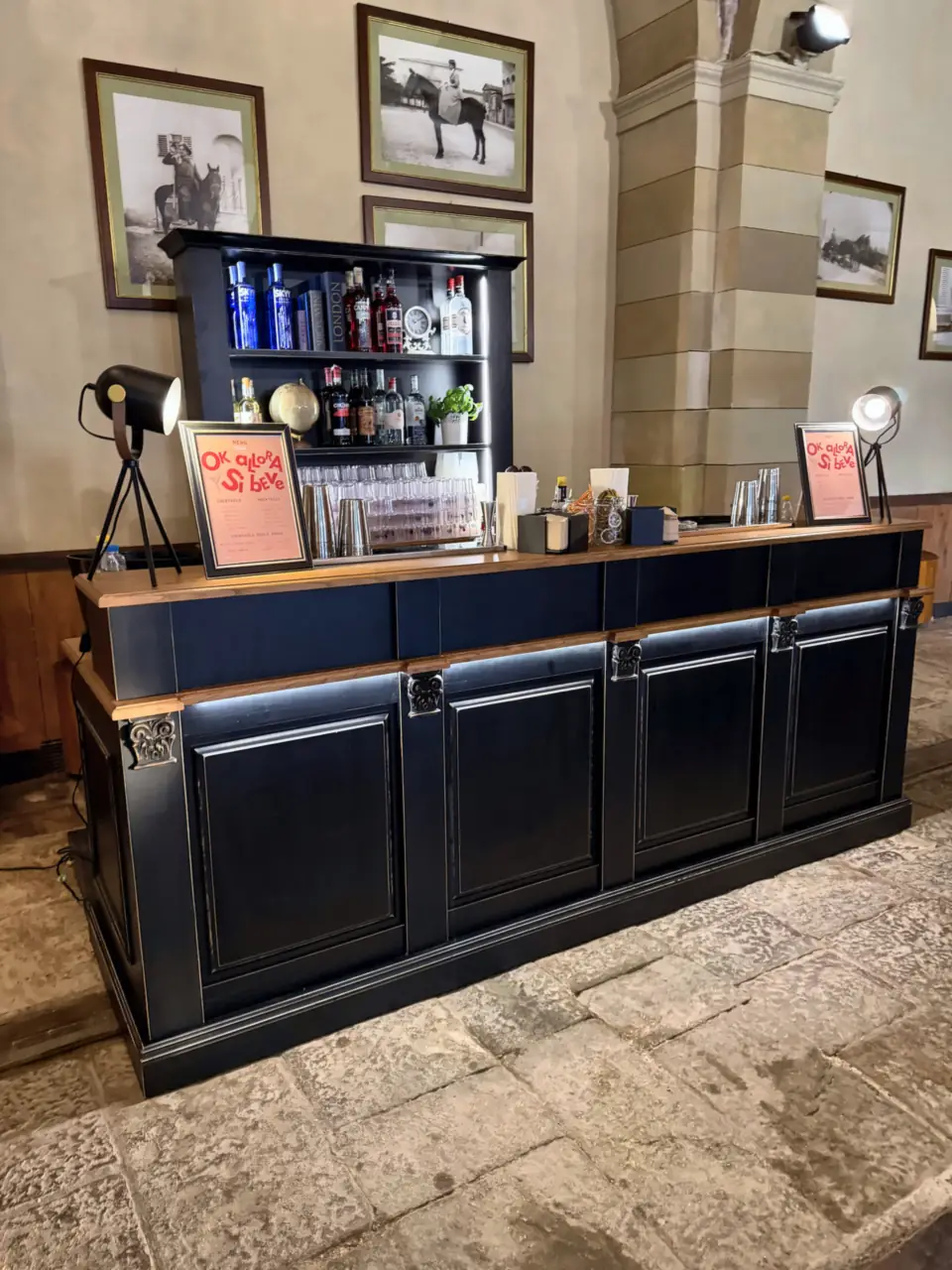 Black bar and lit back bar at Tenuta Bichi Borghesi