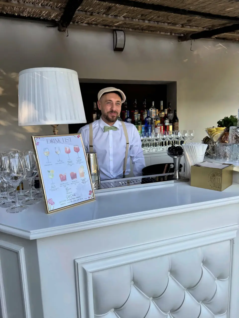 Just Drink bartender at the white bar, Tenuta La Fratta, Sinalunga
