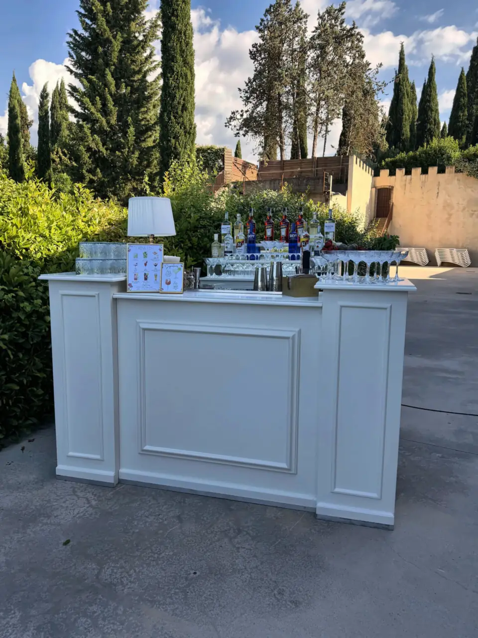 White wedding bar among the cypresses of Tenuta Tegolato, Chianti