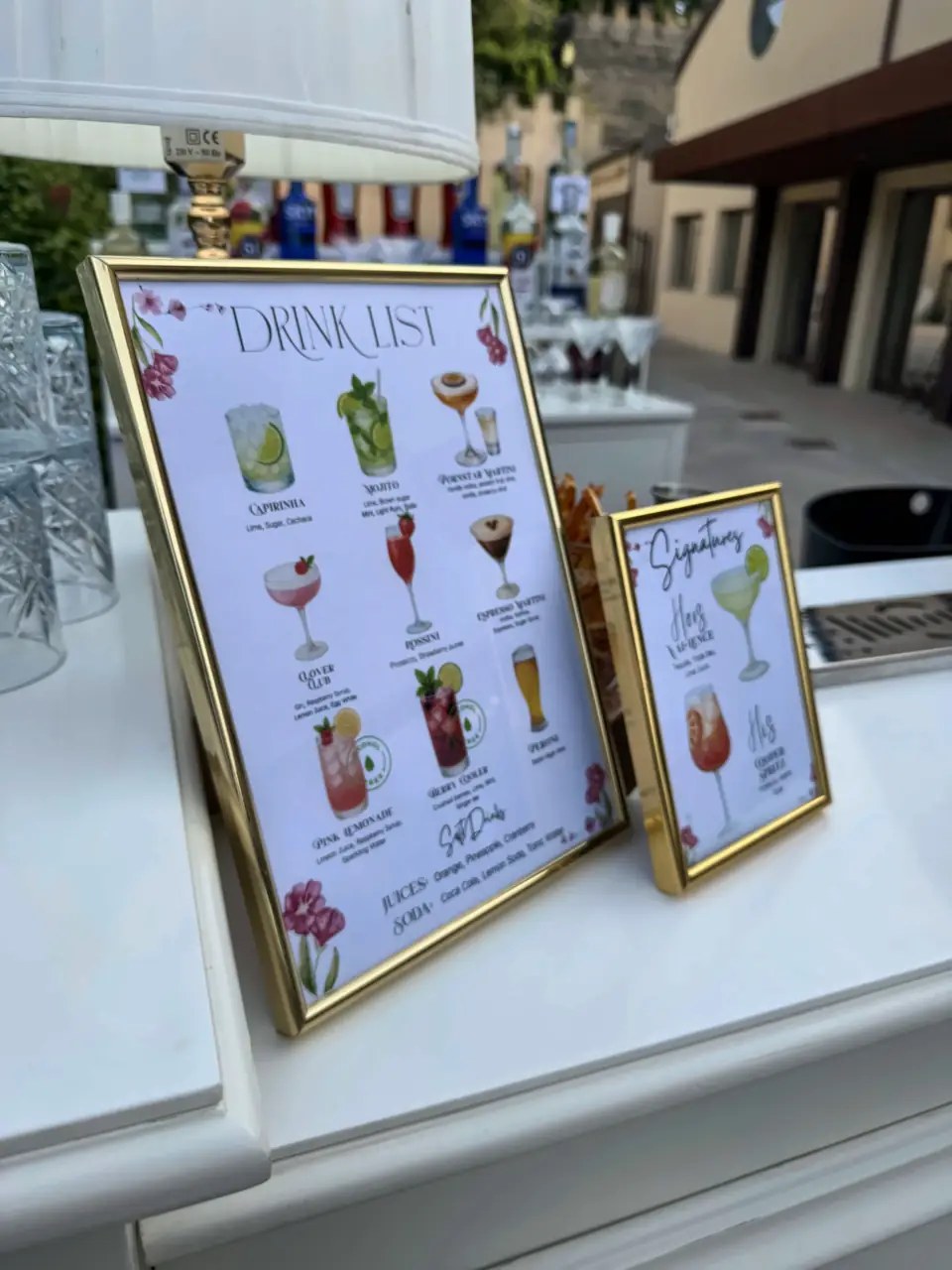 Drink list and signature cocktails in gold frames at Tenuta Tegolato