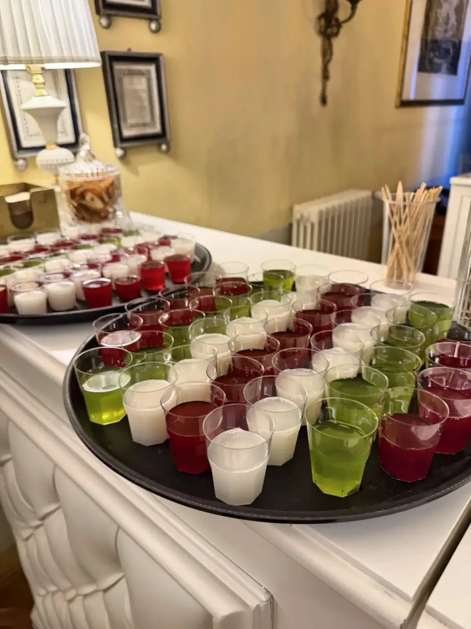 Close-up of coloured shots at the open bar