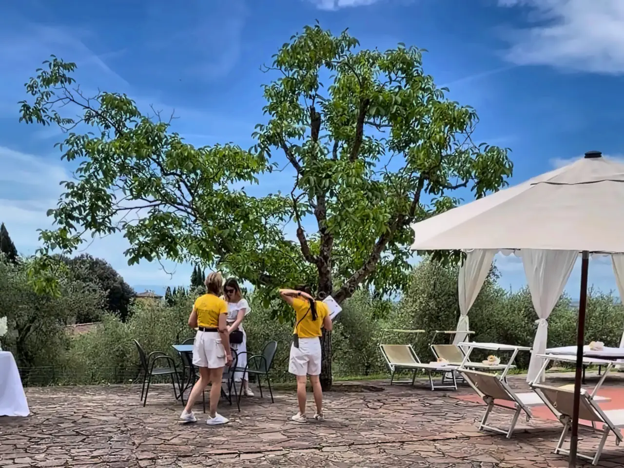 The pool party area at Villa Catignano, with umbrellas and sunbeds under the big tree