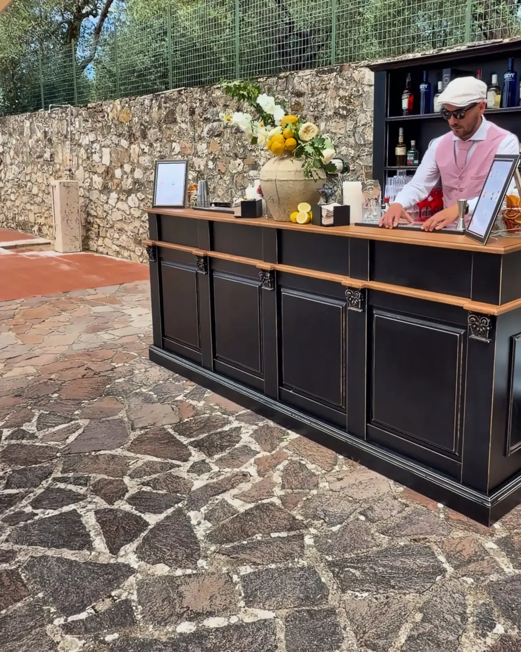 Black bar on the stone terrace of Villa Catignano, Chianti