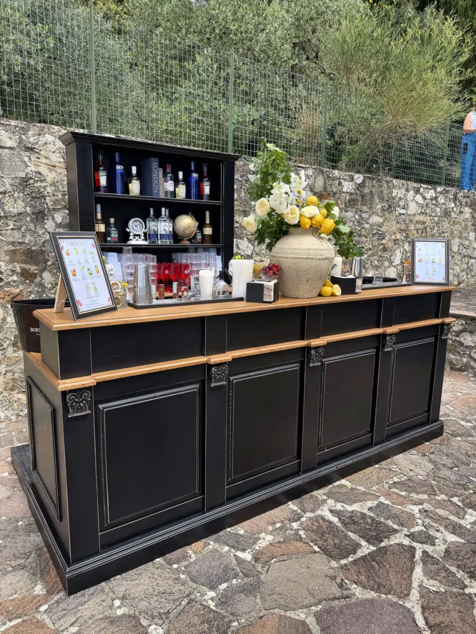 Open bar set-up at Villa Catignano, Chianti wedding