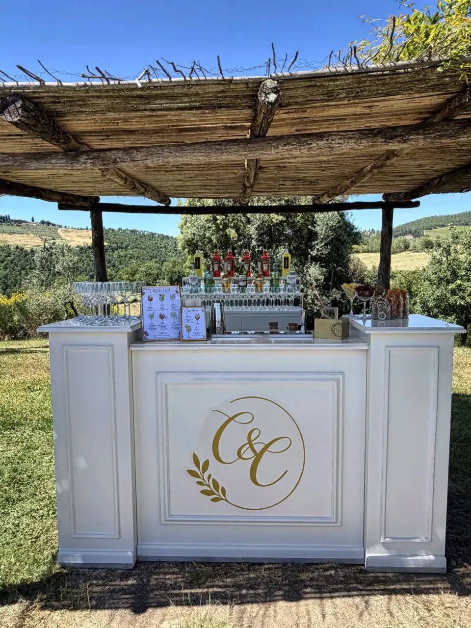 Wedding bar personalised with the couple's monogram at Villa di Rignana, Chianti