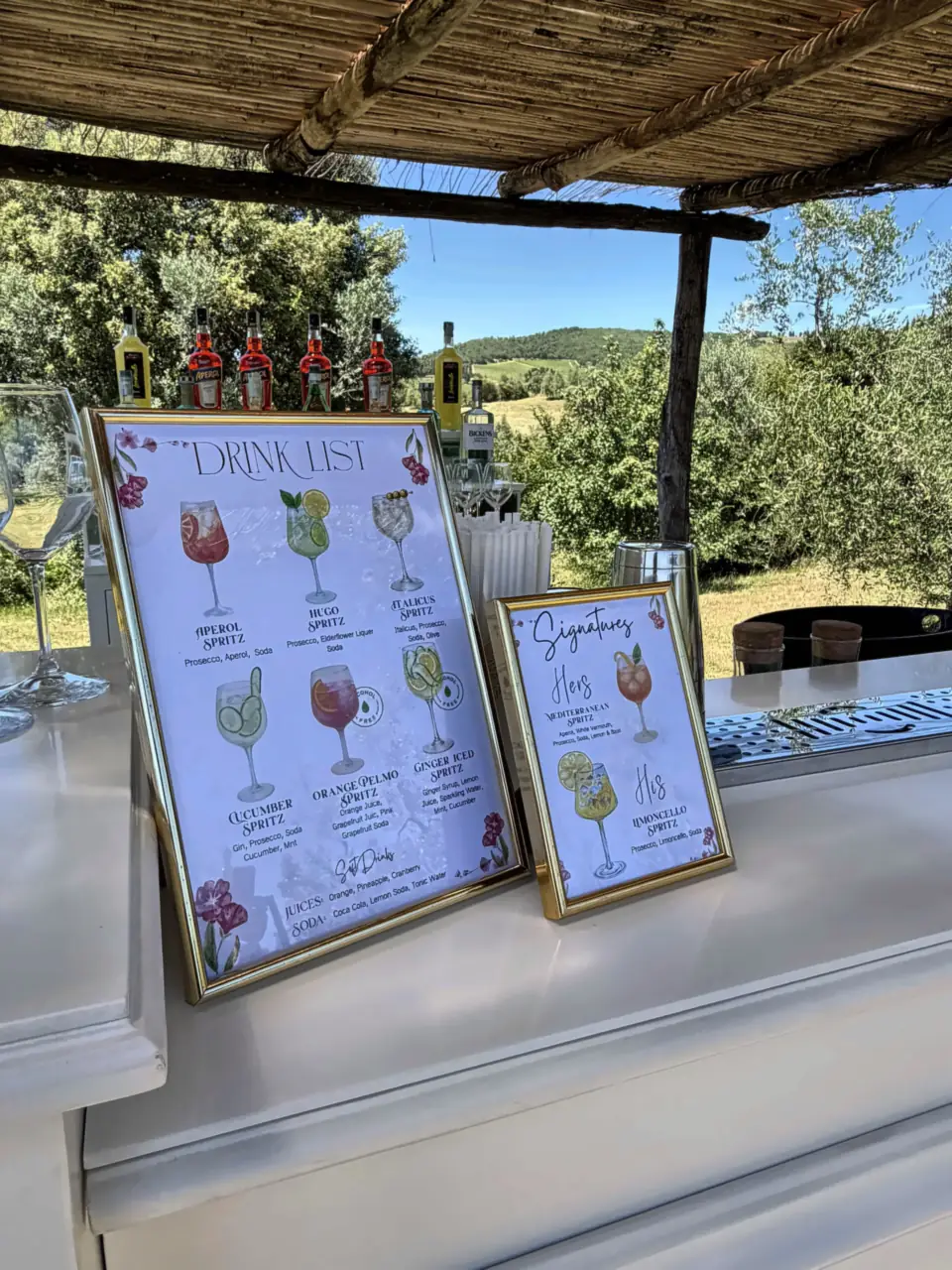 Drink list and signature cocktails on the bar at Villa di Rignana